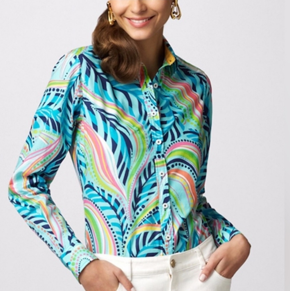 Lilly Pulitzer | Jonni Turquoise Cotton Button Down Top Gator Alley Print 4 - Picture 3 of 8